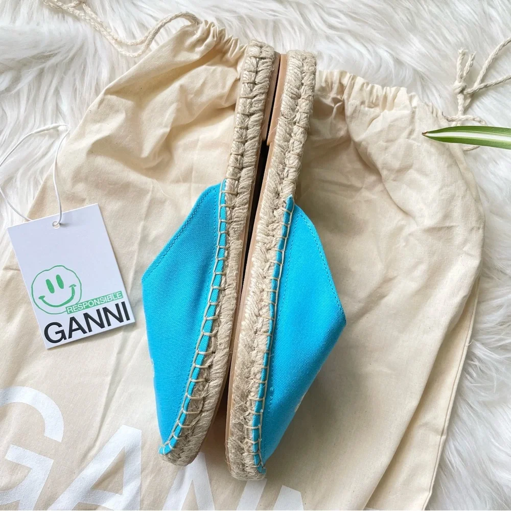 GANNI Embroidered Canvas Espadrille Slippers Turquoise Women’s Size 9 EU 39 NIB